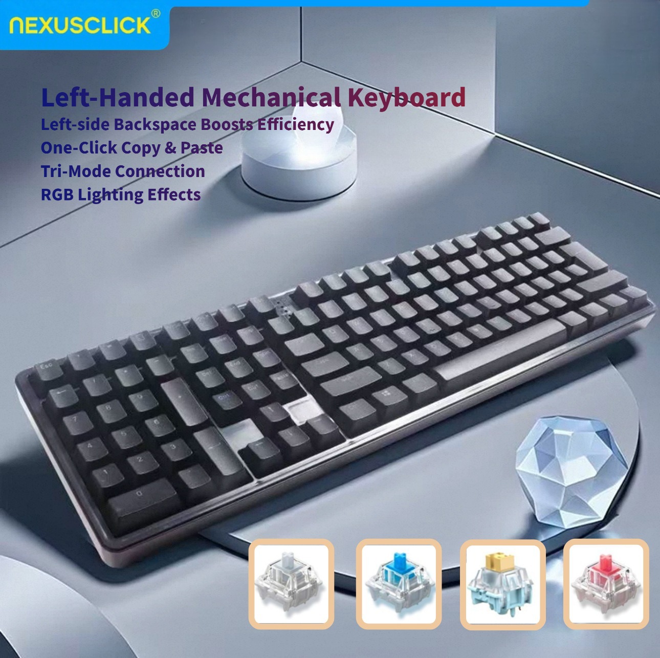 Gaming Keyboard No Number Pad - Механическая клавиатура NexusClick Ergonomic для левшей,